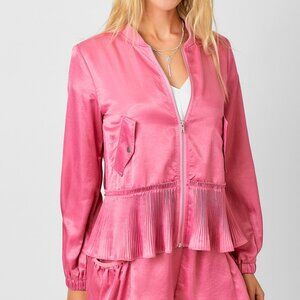 MYSTREE Pink Satin Pleated Hem Bomber Jacket